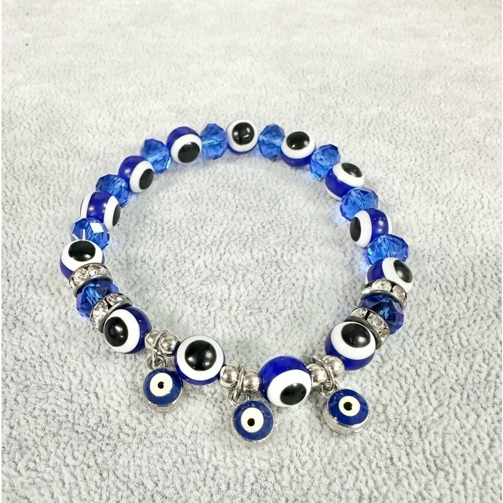 Blue Evil Eye Charm Beaded Stretch Bracelet